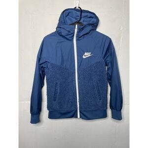 Nike Kids Boys Sportswear Sherpa Windrunner Hooded Jacket Blue Size Medium